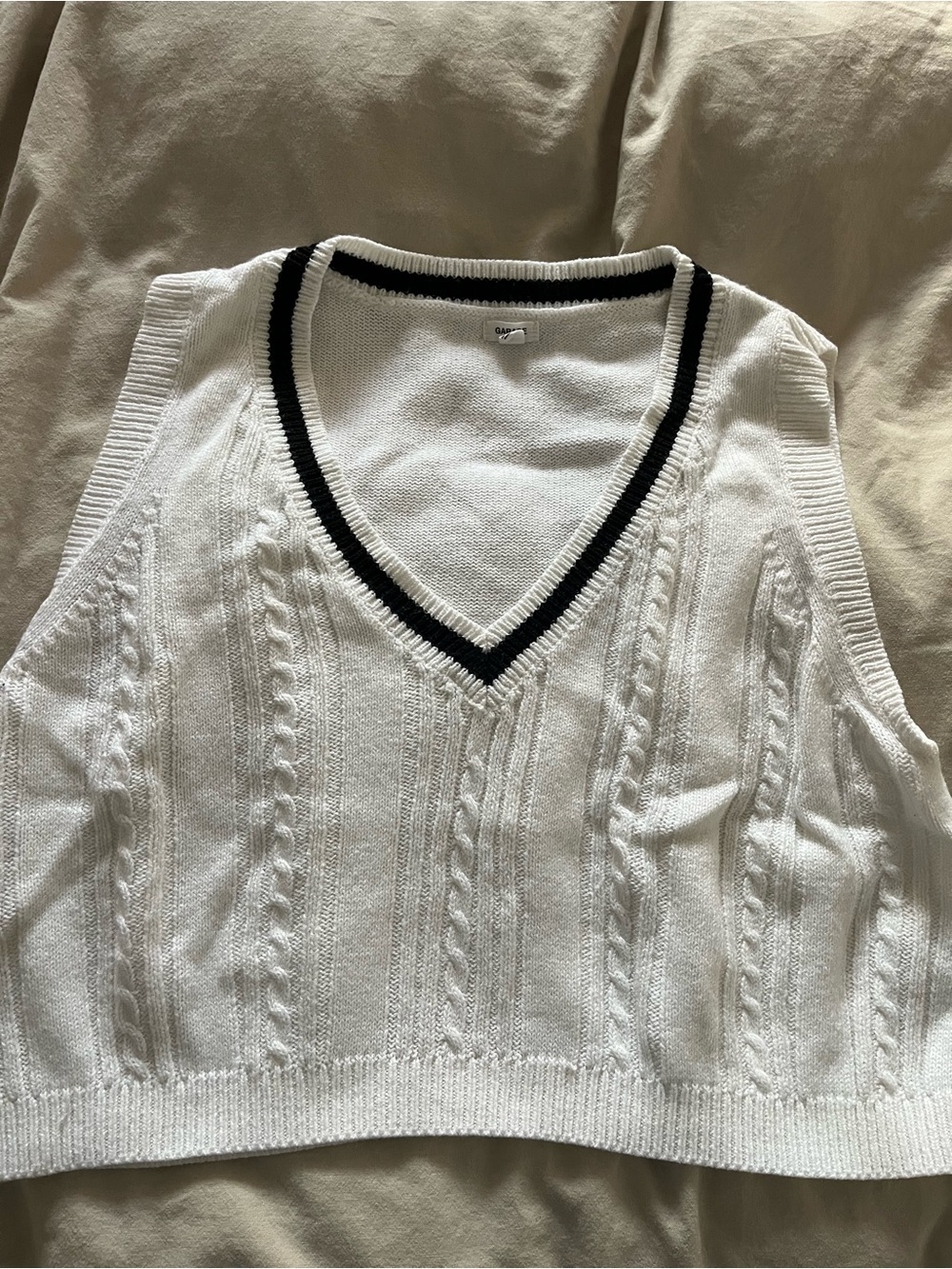 Garage White Cable Knit V-Neck Tank with Black Trim